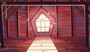 House attic interior, empty old mansard room House attic interior, empty old mansard room with arched gothic window and spider webs. Spacious light place on roof with wooden beams, wood floor, architecture, dwelling. Cartoon vector illustration